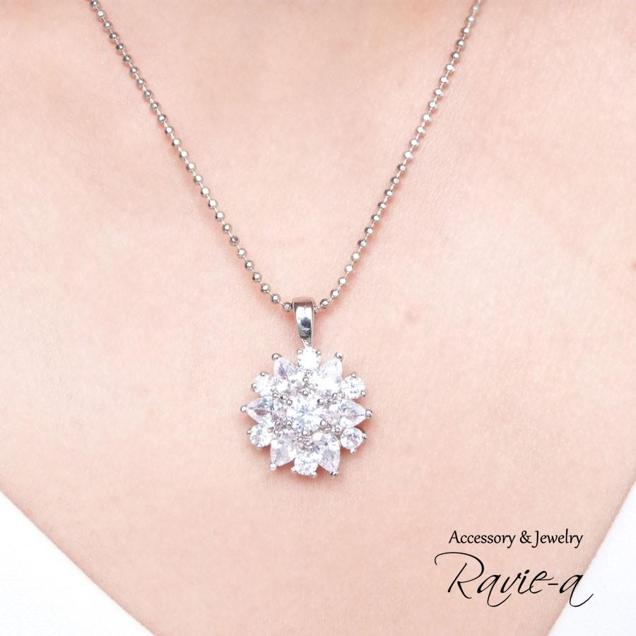 大振り フラワー ネックレス プラチナ加工 キュービックジルコニア 