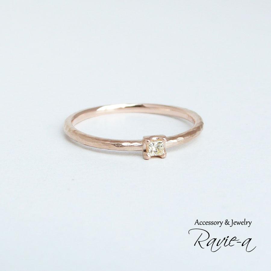 指輪 イエローダイヤモンド 槌目 1粒リング プリンセスカット 華奢  