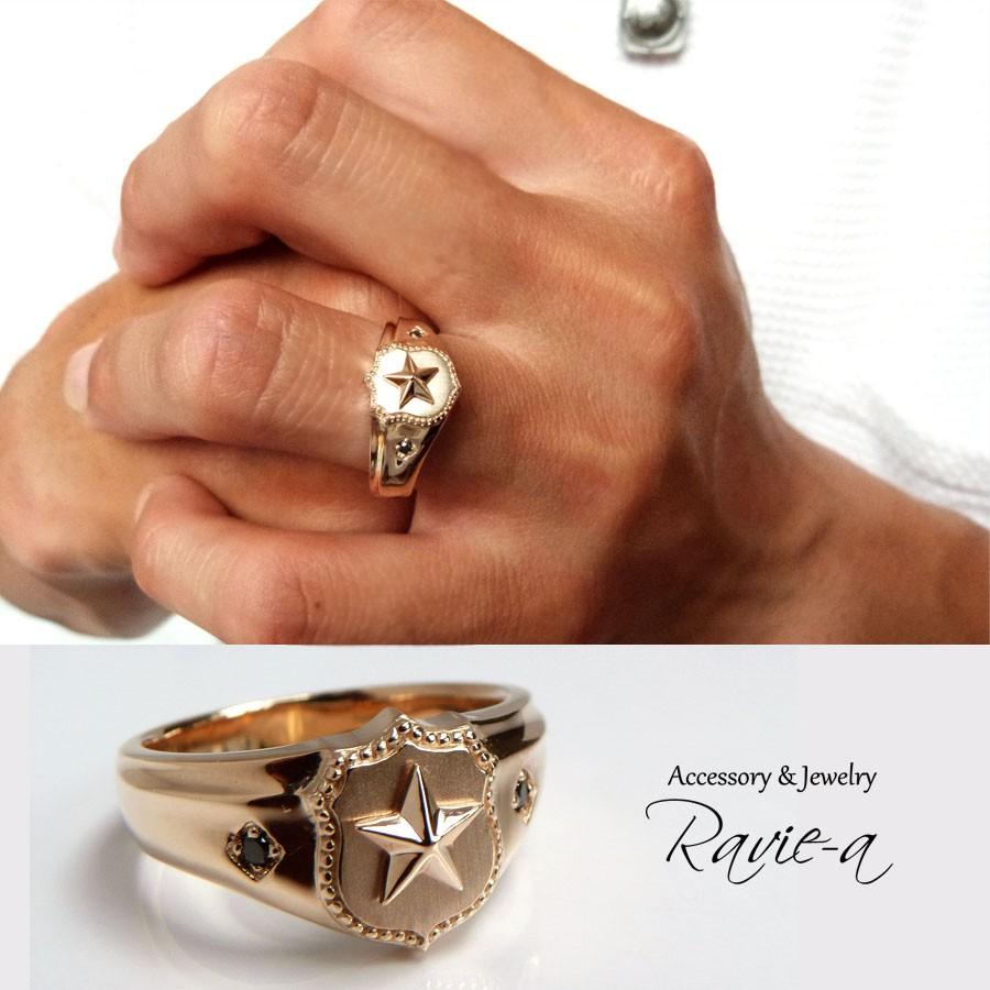 メンズ 指輪 ブラックダイヤモンド 2石使用 ゴツめ k10 イエローゴールド リング｜raviea-accessory