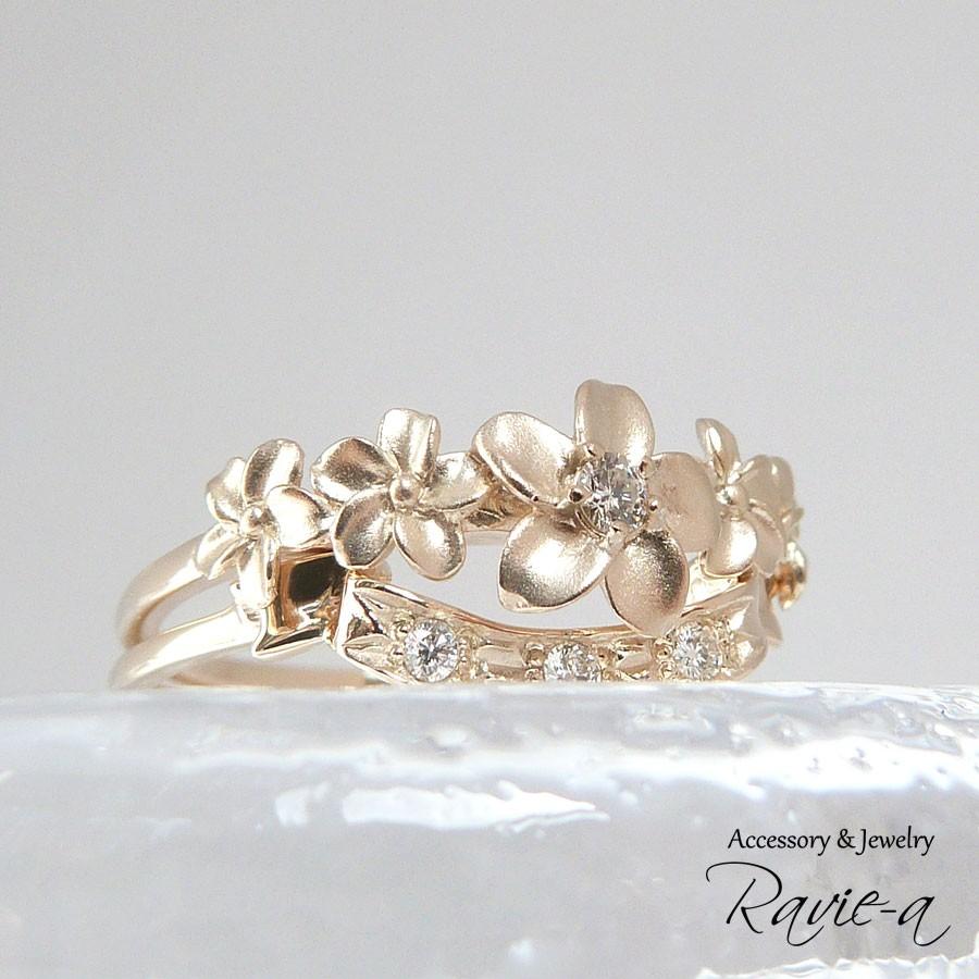 ダイヤモンド　結婚指輪 マリッジリング　ハワイアンジュエリー 指輪 k10 お花 リング フラワーリング セットリング 2本セット リボン K10 クールの画像
