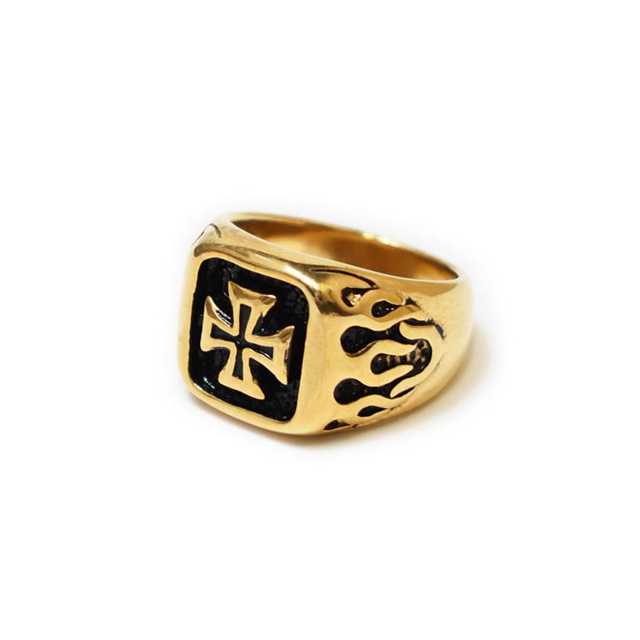 Flare Cross Square Ring - Gold/Black メンズアクセサリー アイアン