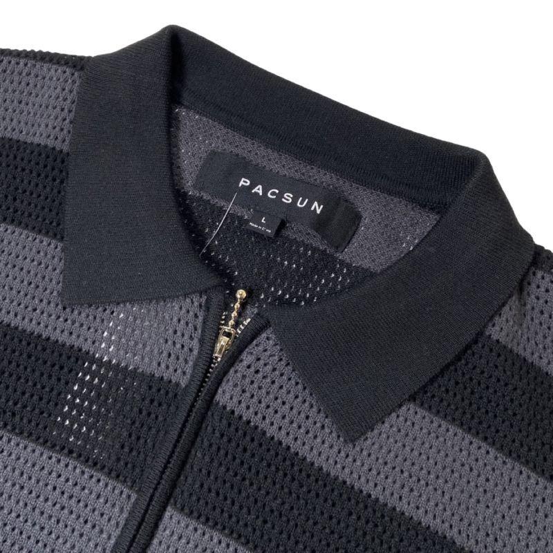 PacSun ショートスリーブ ハーフジップ メッシュ ニットシャツ ブラックｘチャコール メンズ ニットポロ 半袖 ポロシャツ トップス 