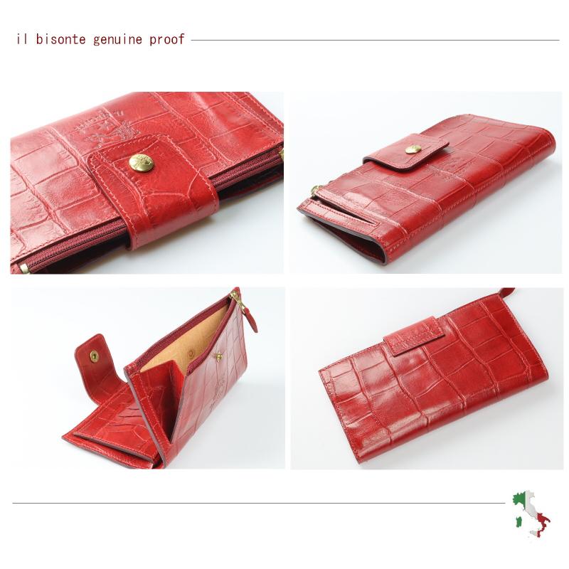希少 高級感】 IL BISONTE 長財布 本革 レッド 刻印 クロコ型押し - 小物
