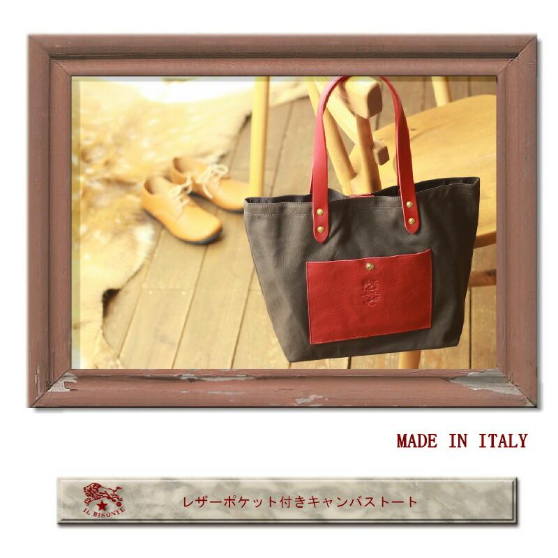 IL BISONTE トートバッグ 肩掛け キャンバス × レザー ロゴ A4◎ IL BISONTE トートバッグ / CANVAS x LEATHER レディース メンズ