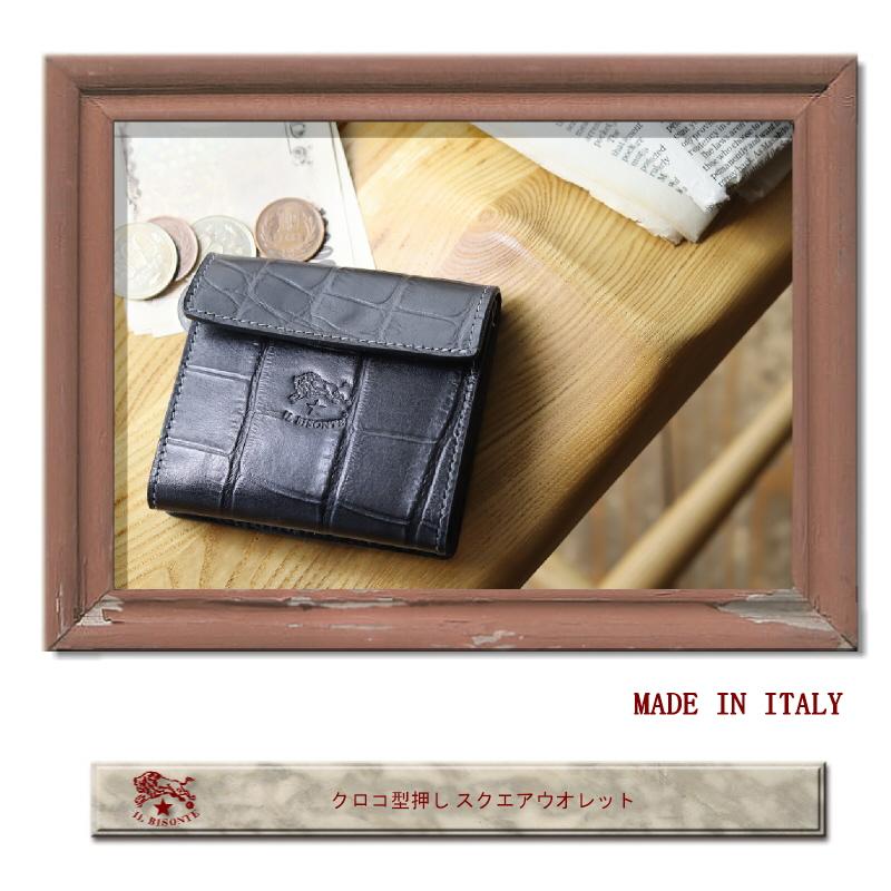 【美品・レアモデル】イルビゾンテ　IL BISONTE クロコ型押し本革名刺入れ IL BISONTE（イルビゾンテ） 財布 クロコ型押しスクエアウォレット 二