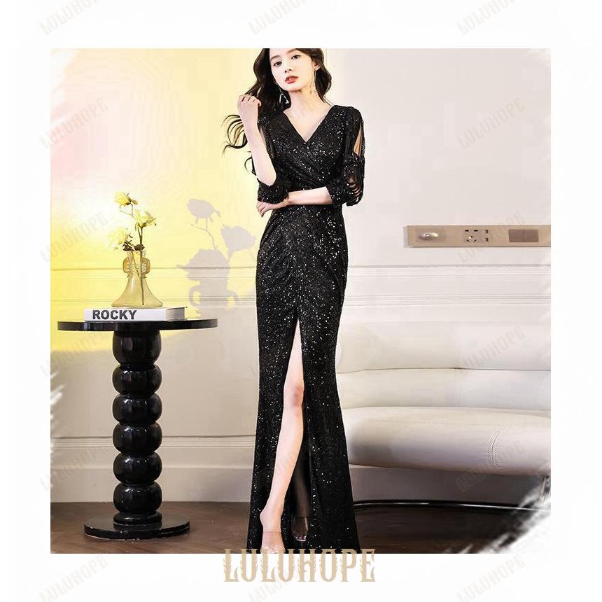 マーメイドライン エンパイア 七袖 Vネック スパンコール スリット  