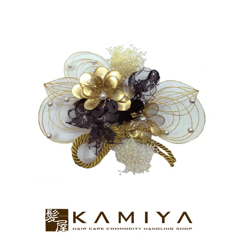髪飾り 834 ゴールド＆ブラック|ヘアアクセサリー ヘアアクセ かんざし コサージュ 結婚式 ブライダル ウェディング ウエディング 披露宴 前撮り 花嫁 写真撮影 | 