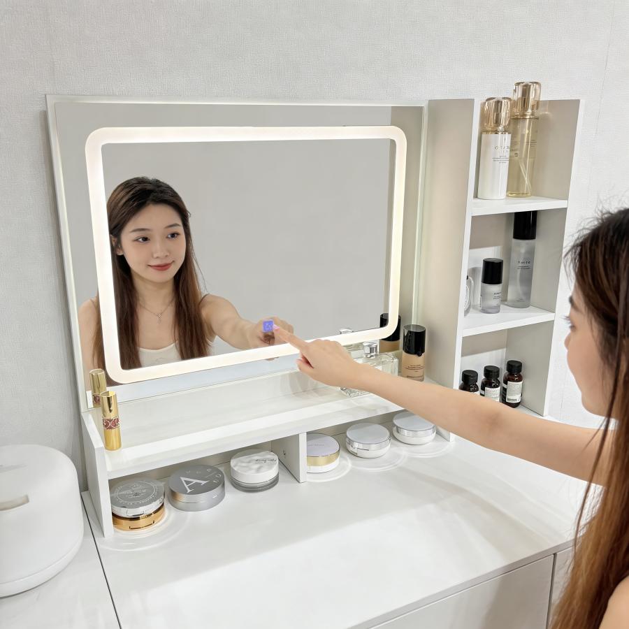 ドレッサー 折りたたみ式サイドテーブル コンパクトデザイン LED 補光ミラー付き 仕切り収納 ホワイト モダンシンプル 省スペース 一人暮らしアパート専用 | F＆I | 12