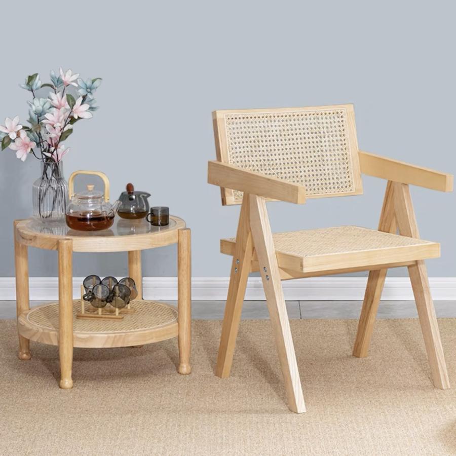 ダイニングチェア 藤編み 天然木 肘付き リビングチェア 座椅子 ナチュラル ブラウン 黒 アームレスト ラタンチェア 食卓椅子 喫茶店 | 