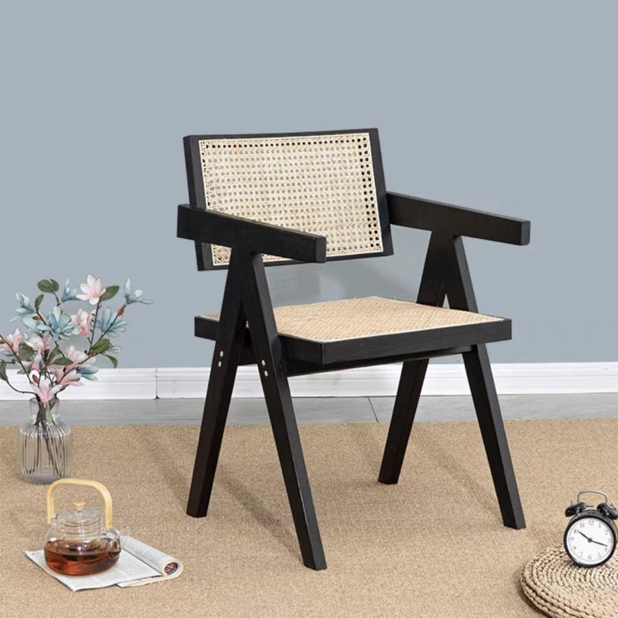 ダイニングチェア 藤編み 天然木 肘付き リビングチェア 座椅子 ナチュラル ブラウン 黒 アームレスト ラタンチェア 食卓椅子 喫茶店 |  | 01