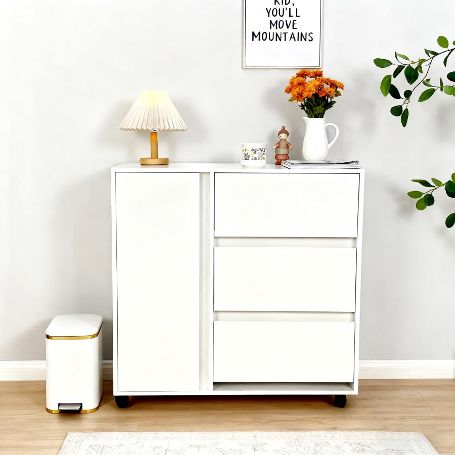 キャビネット 木製 おしゃれ 北欧 幅80 チェスト キャスター付き 3段 収納棚  タンス 大容量 押入れ収納 棚 扉付き スリム テレビ台 リビング 奥行40 ホワイト |  | 12