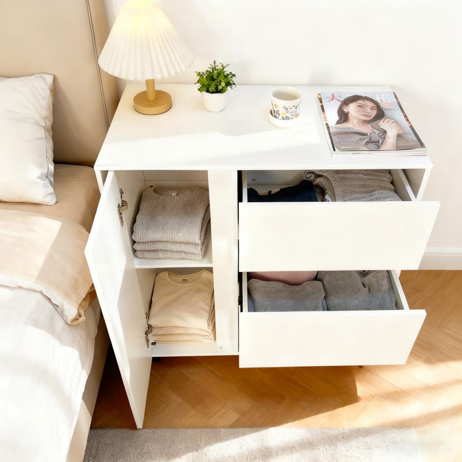 キャビネット 木製 おしゃれ 北欧 幅80 チェスト キャスター付き 3段 収納棚  タンス 大容量 押入れ収納 棚 扉付き スリム テレビ台 リビング 奥行40 ホワイト |  | 10