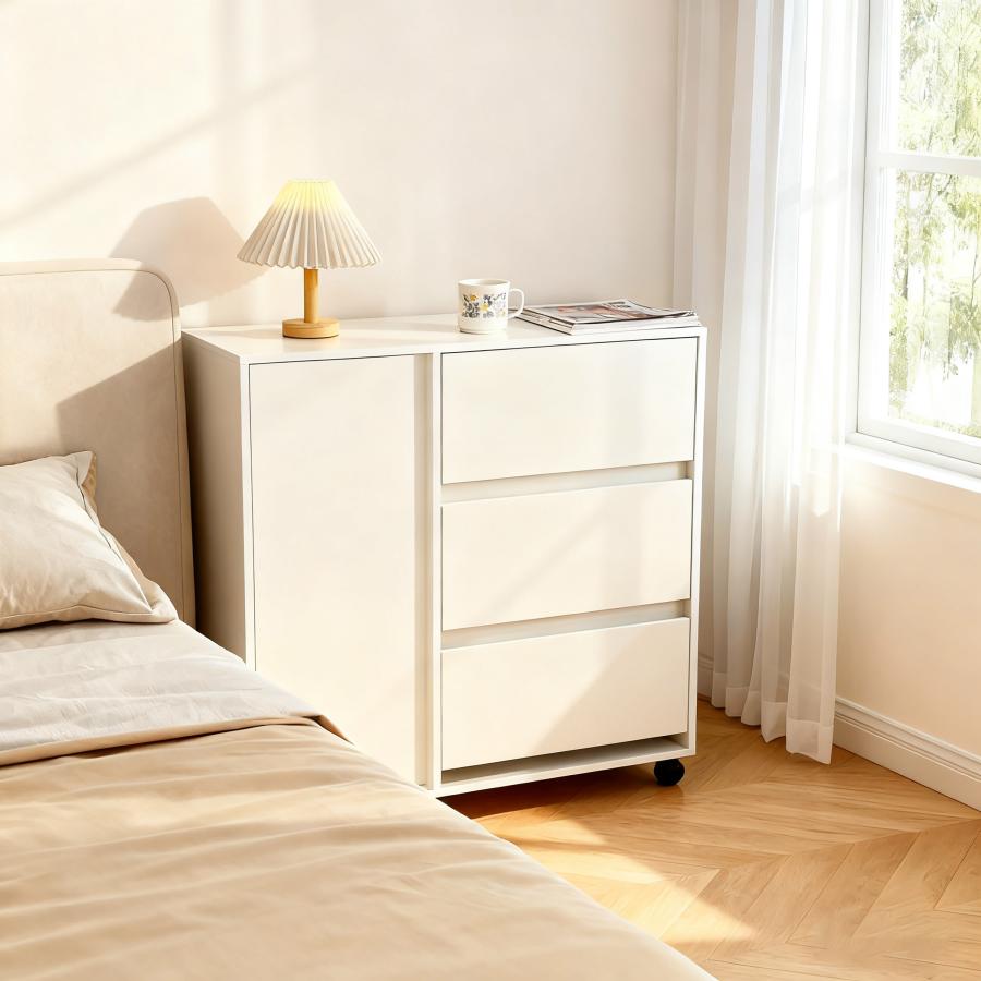 キャビネット 木製 おしゃれ 北欧 幅80 チェスト キャスター付き 3段 収納棚  タンス 大容量 押入れ収納 棚 扉付き スリム テレビ台 リビング 奥行40 ホワイト |  | 13