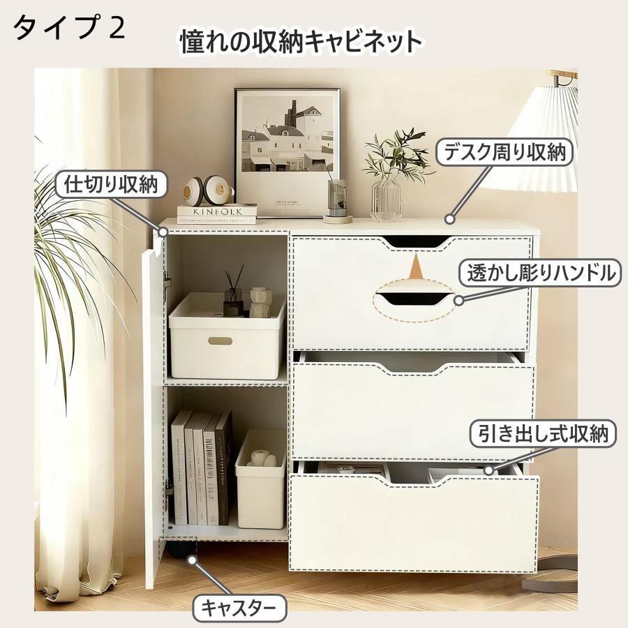 キャビネット 木製 おしゃれ 北欧 幅80 チェスト キャスター付き 3段 収納棚  タンス 大容量 押入れ収納 棚 扉付き スリム テレビ台 リビング 奥行40 ホワイト |  | 04