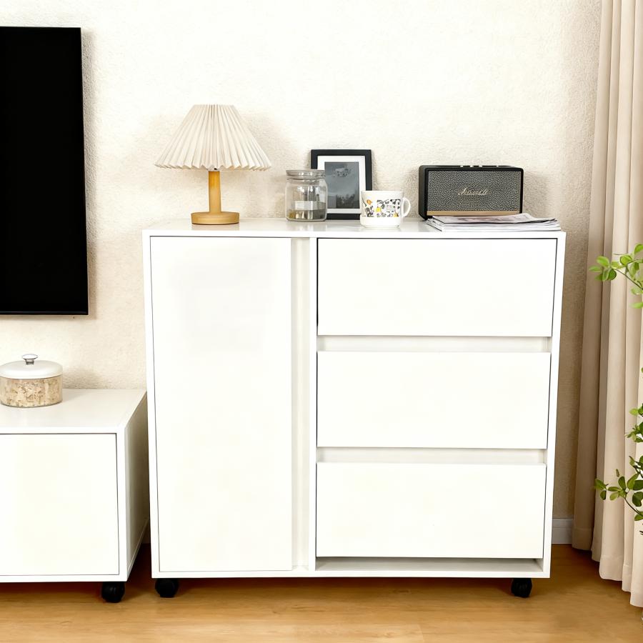 キャビネット 木製 おしゃれ 北欧 幅80 チェスト キャスター付き 3段 収納棚  タンス 大容量 押入れ収納 棚 扉付き スリム テレビ台 リビング 奥行40 ホワイト |  | 09