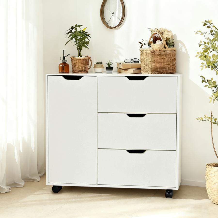 キャビネット 木製 おしゃれ 北欧 幅80 チェスト キャスター付き 3段 収納棚  タンス 大容量 押入れ収納 棚 扉付き スリム テレビ台 リビング 奥行40 ホワイト |  | 15