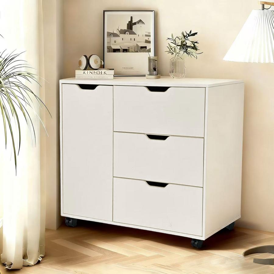 キャビネット 木製 おしゃれ 北欧 幅80 チェスト キャスター付き 3段 収納棚  タンス 大容量 押入れ収納 棚 扉付き スリム テレビ台 リビング 奥行40 ホワイト |  | 17