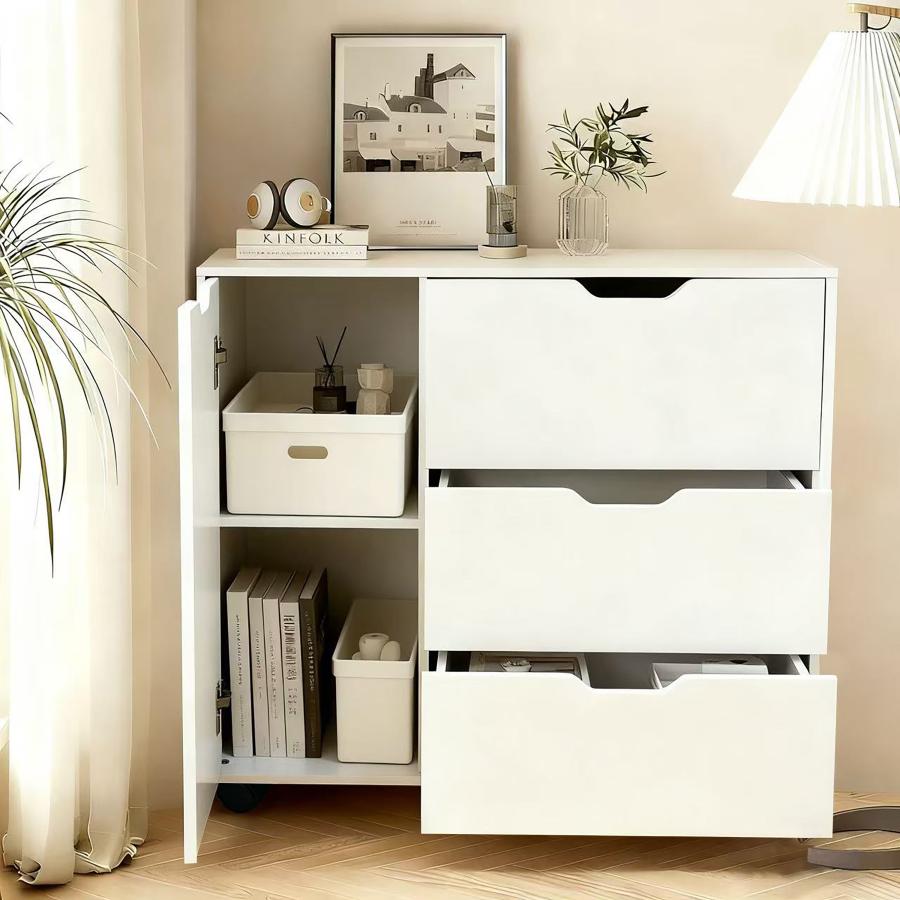 キャビネット 木製 おしゃれ 北欧 幅80 チェスト キャスター付き 3段 収納棚  タンス 大容量 押入れ収納 棚 扉付き スリム テレビ台 リビング 奥行40 ホワイト |  | 08
