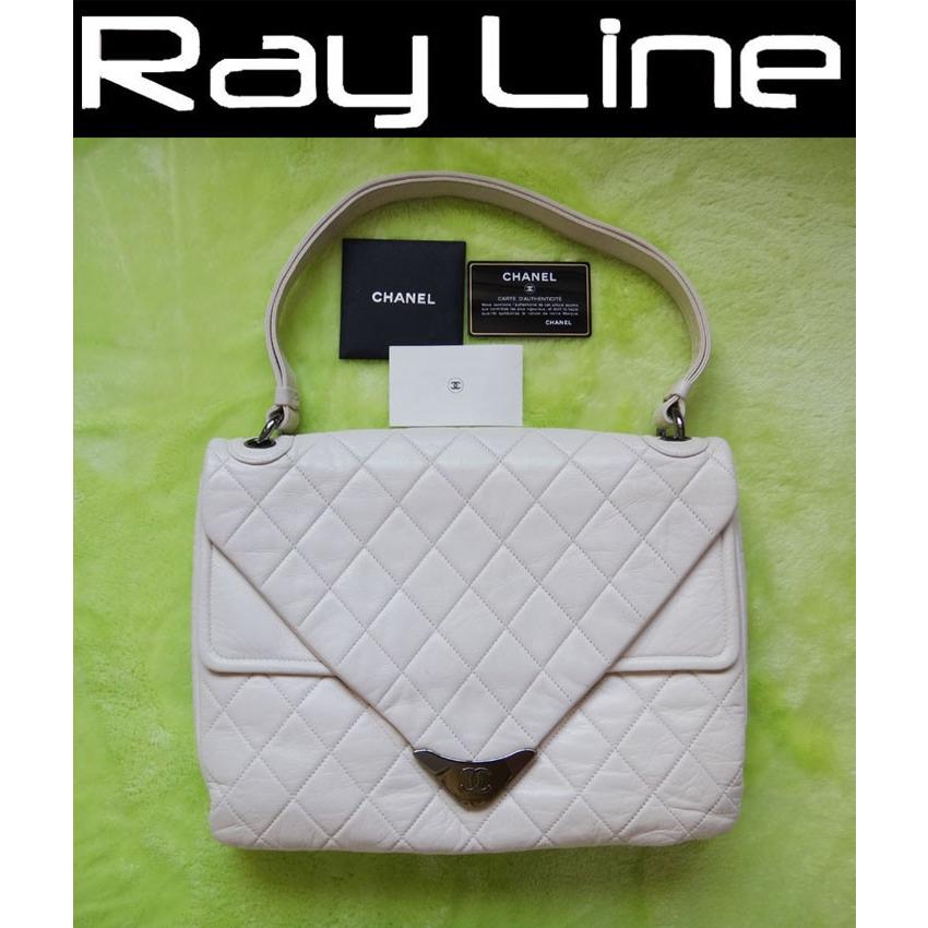 シャネル バッグ 本物 Wフラップ ショルダーバッグ レザー オフホワイト シルバー金具 中古_yo