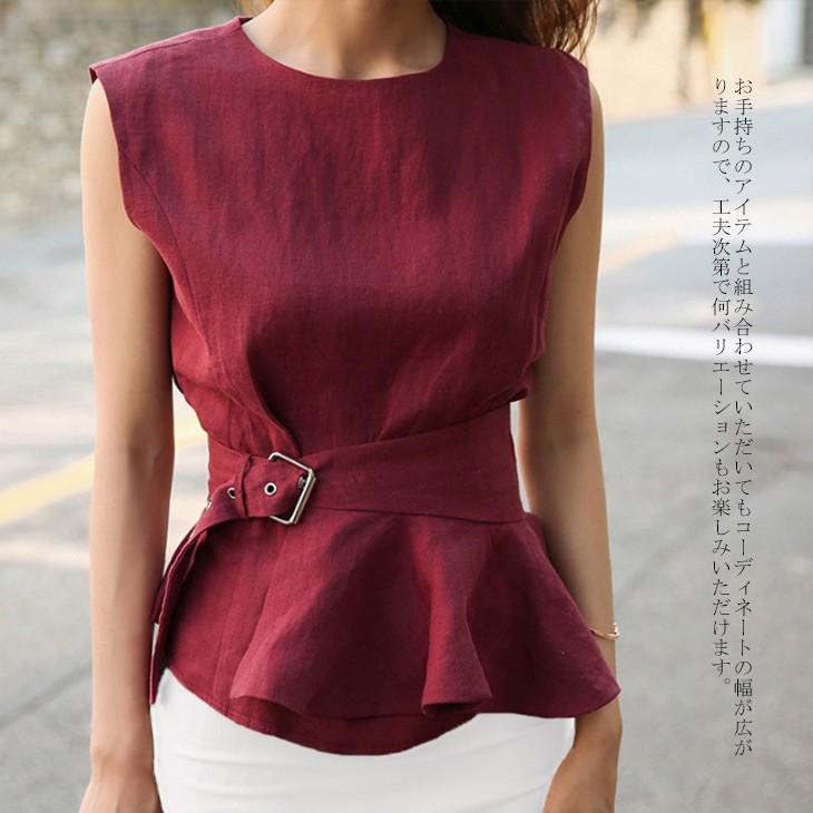ノースリーブ ブラウス シャツ レディース シンプル ノースリーブ トップス 薄手 定番 ブラウス ワインレッド ベルト付き 丸襟 フレア レイシーズン ヤフー店 通販 Yahoo ショッピング