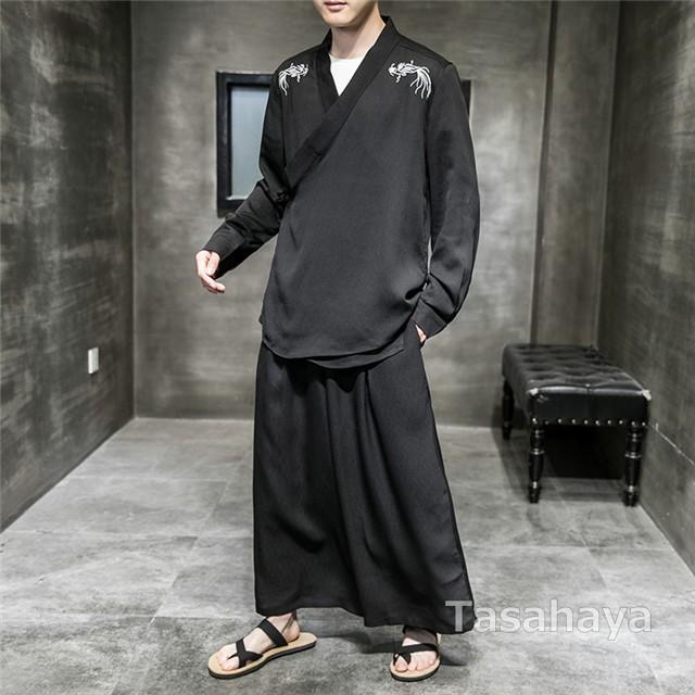 カジュアルシャツ 上下セット 長袖 サルエルパンツ 綿麻 メンズ 薄手 夏 セットアップ リネン