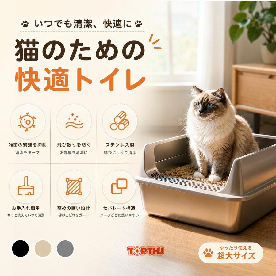 猫トイレ ステンレス製 大型 深型 ワイドタイプ 砂飛び散り防止 多頭