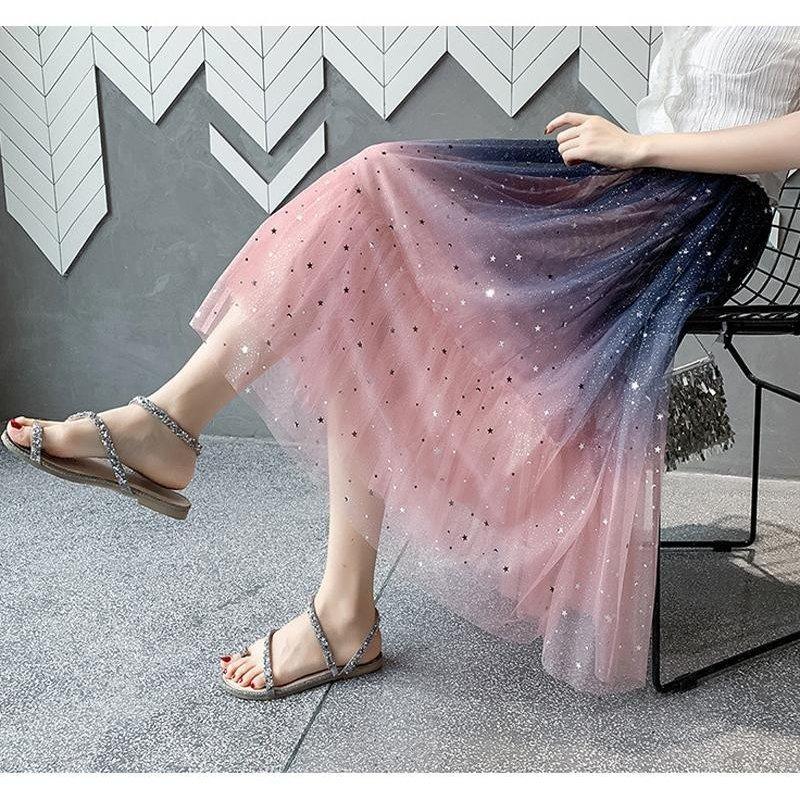 星チュールロングスカート レディース フレア チュールスカート