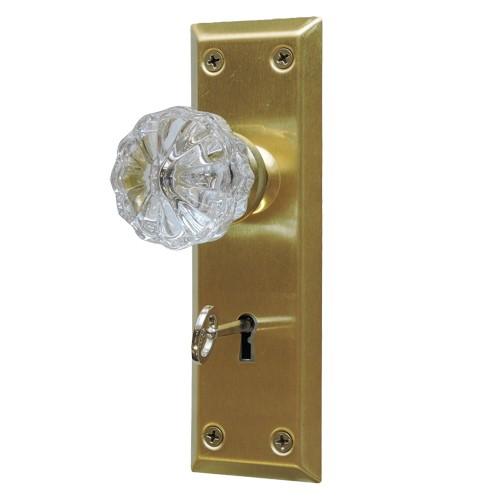 ガラスドアノブ サテンブラス角座（棒カギ錠付）