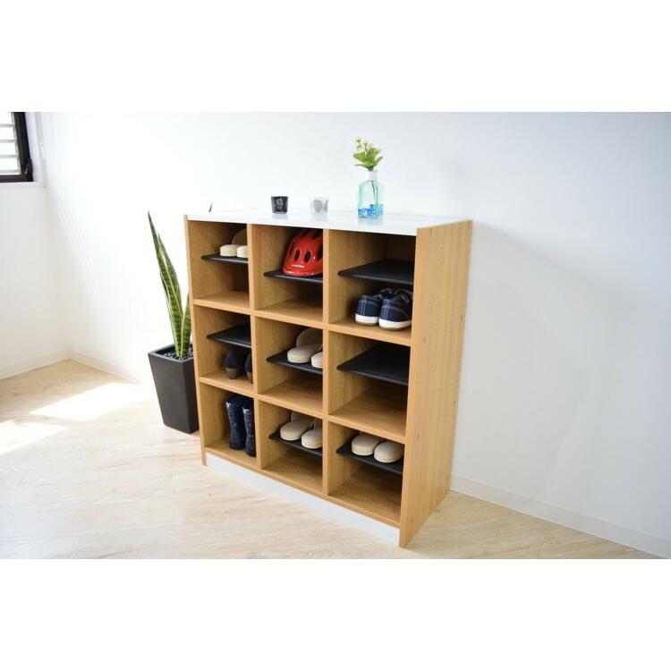 ※法人様限定販売 下駄箱 3列×3段 9人用 フリーラック スリッパラック シューズボックス シューズラックオープン 6足 棚板可動式 中棚付き 幅55cm 代引不可の画像