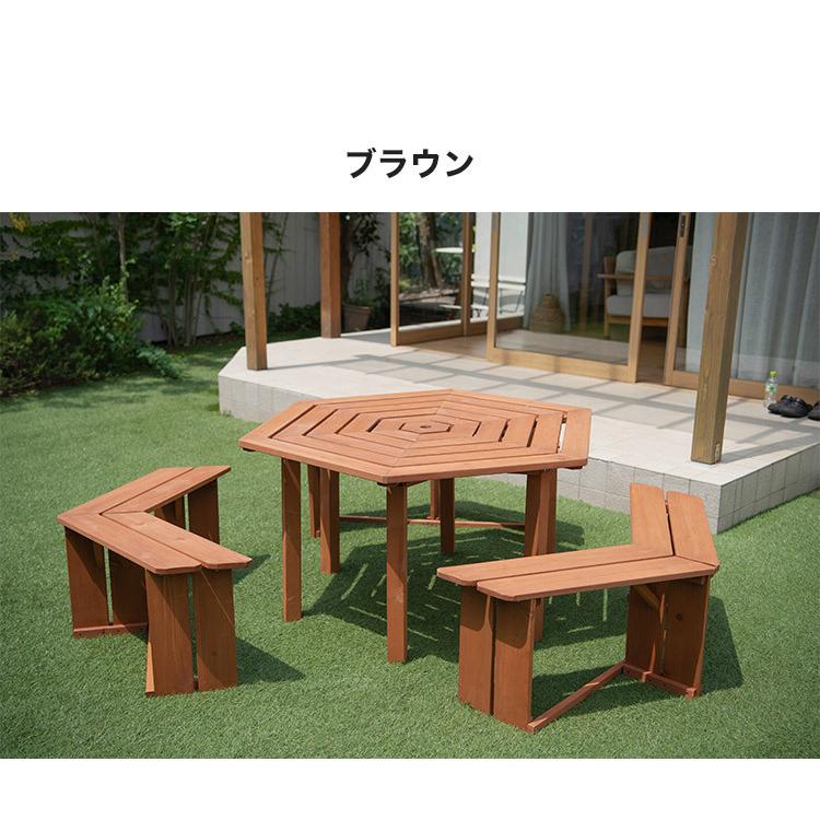 ガーデン テーブルベンチセット 木製 六角 ブラウン 最大6人使用可能