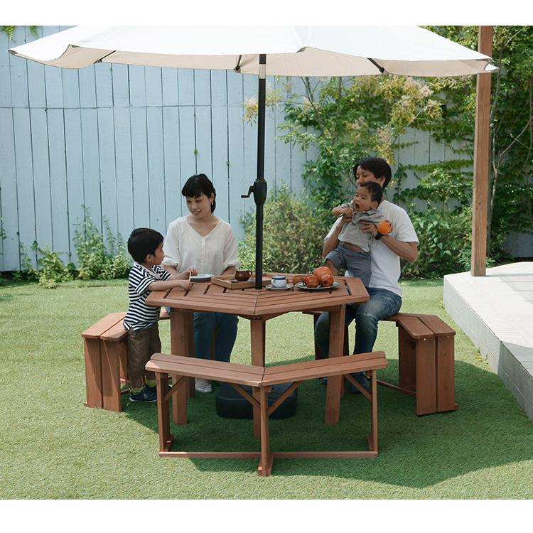 ガーデン テーブルベンチセット 木製 六角 ブラウン 最大6人使用可能