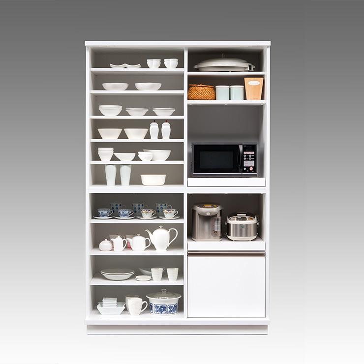 大川家具　ホワイト 食器棚 ガラス扉付き 食器棚 スライドガラス扉タイプ モイス付き 幅122cm 高さ195cm