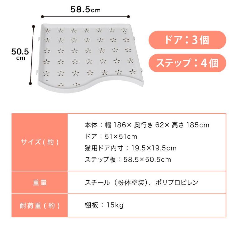 リコメン堂 キャットケージ 大型 組み合わせ自由 ホワイト 3段 幅186cm