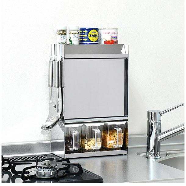 日本製 燕三条 フラップ扉のステンレススパイスラック ポット3 調味料