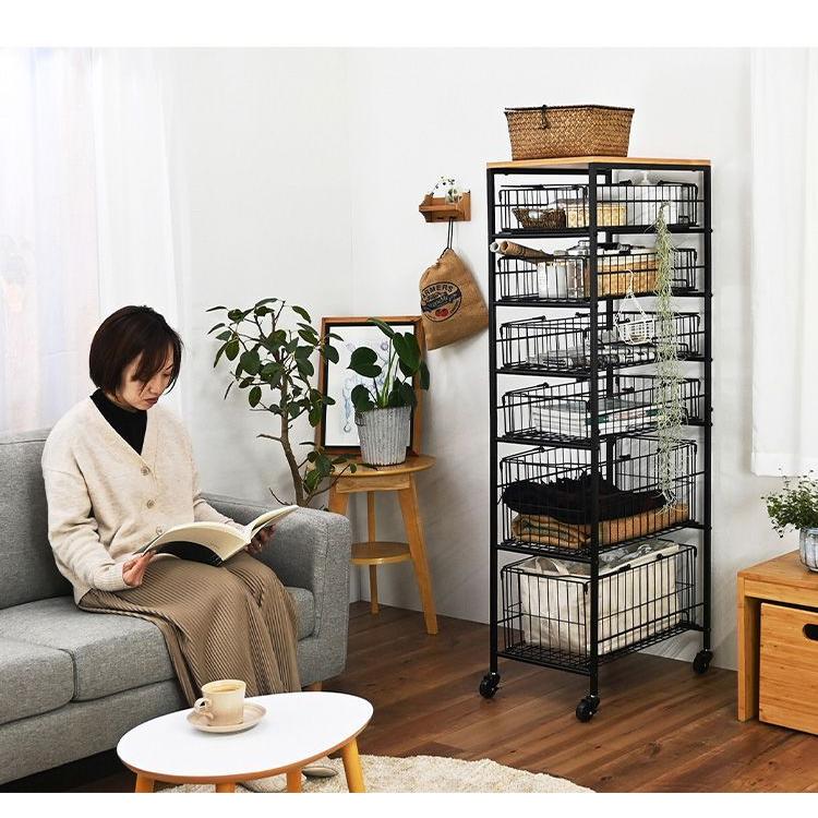 隙間収納 バスケット付き 6段 持ち運べるかご付き キャスター付き