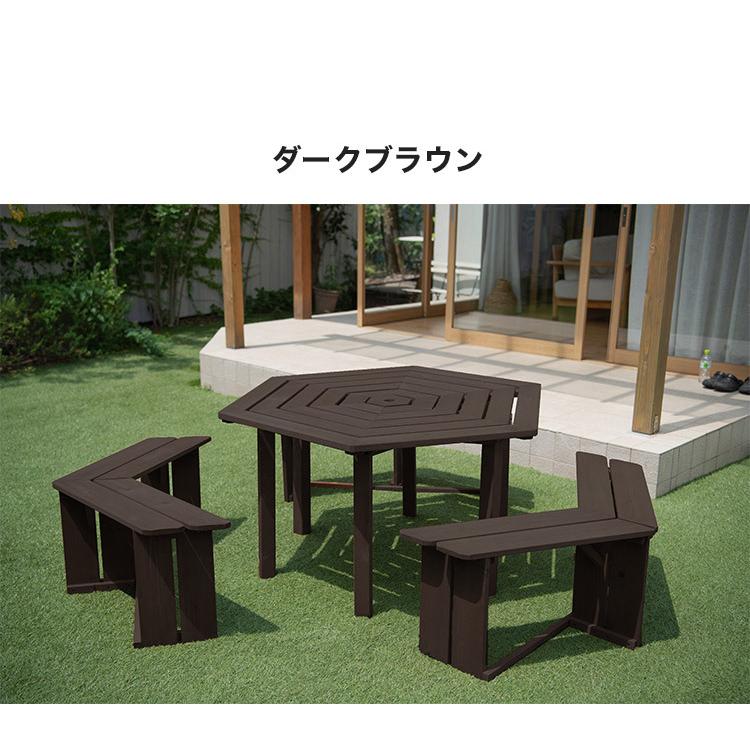 木製 六角テーブル ベンチセット 天然木 杉材 屋外家具 アウトドア ガーデン テーブルベンチセット 木製 六角 ブラウン 最大6人使用可能