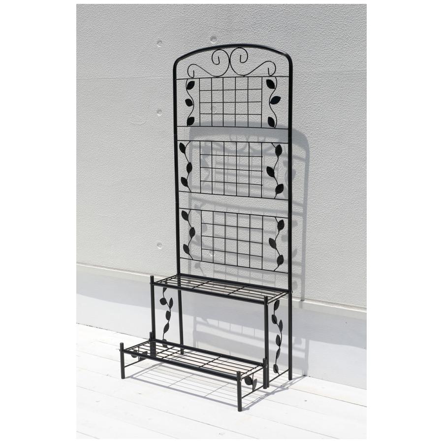 スリム型フェンス付きフラワースタンド ブラック 幅６０ｃｍ ２段 フェンス付き フラワースタンド スリム 2段 幅60cm ガーデン