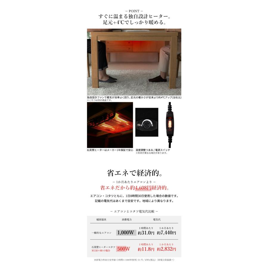 こたつ 長方形 ダイニングテーブル パワフルヒーター-高さ調節機能付きダイニングこたつ〔アコード〕 90x60cm 3点セット 代引不可_12