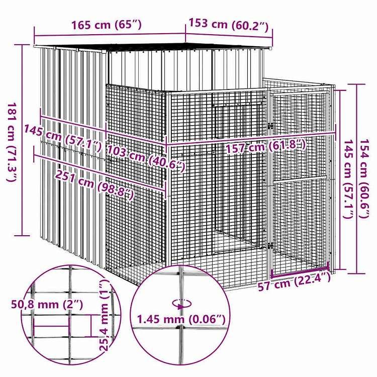 vidaXL 犬小屋 ラン付き ライトグレー 165x251x181 cm 亜鉛メッキ鋼製 動物 ペット用品 ペット用品 犬用品 ドッグハウス 代引不可_4