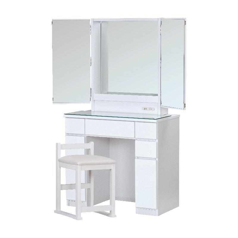 一生紀 ドレッサー 三面鏡 スツール付き 幅80 完成品 コンパクト コンセント付き 鏡面仕上げ テーブル 収納 可愛い 3面鏡 化粧台 鏡台 ガラス天板 代引不可