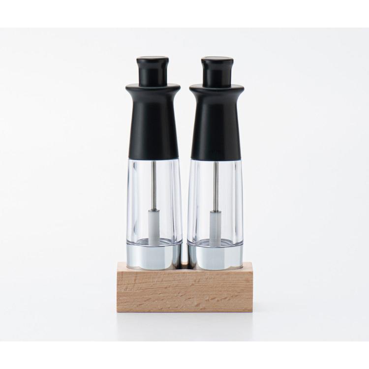 日本製 K&A ワンハンドミル 2本 天然木スタンド付き プッシュ式