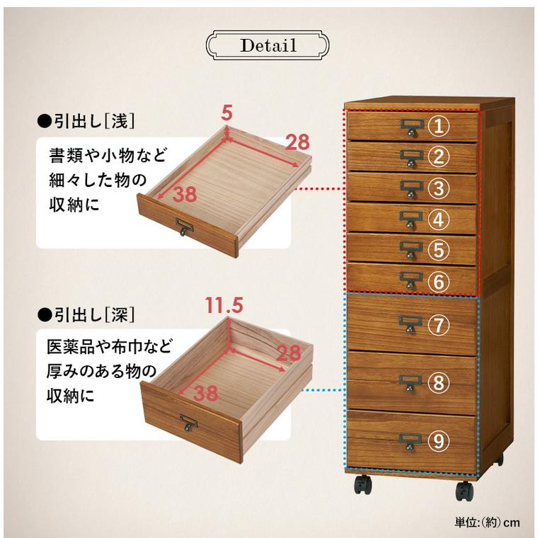 B4サイズ収納 書類チェスト 9段 キャスター付き 多段チェスト 幅33 書類収納 引き出し 引出し ワゴン デスクワゴン サイドテーブル 木目 木製 代引不可の画像