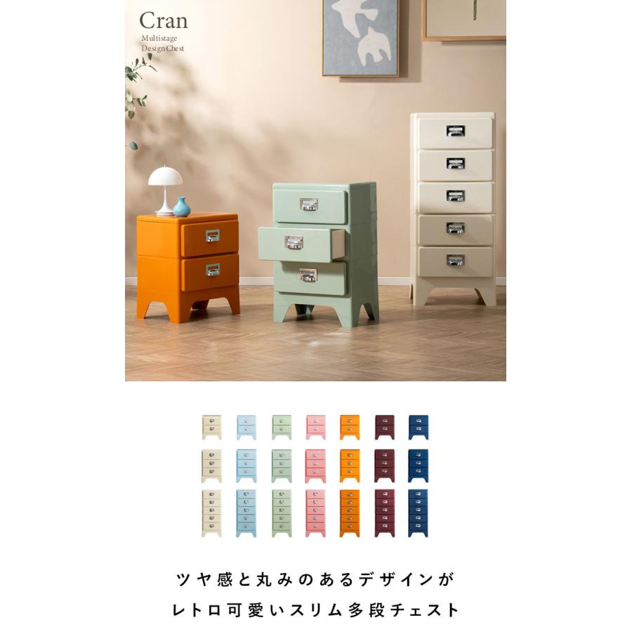 多段チェスト Cran クラン 3段 3段タイプ 収納 収納ボックス 収納棚 棚 スリム レトロ 可愛い カラバリ 角丸加工 収納力 引き出し ネームタグ 洋服 代引不可_1