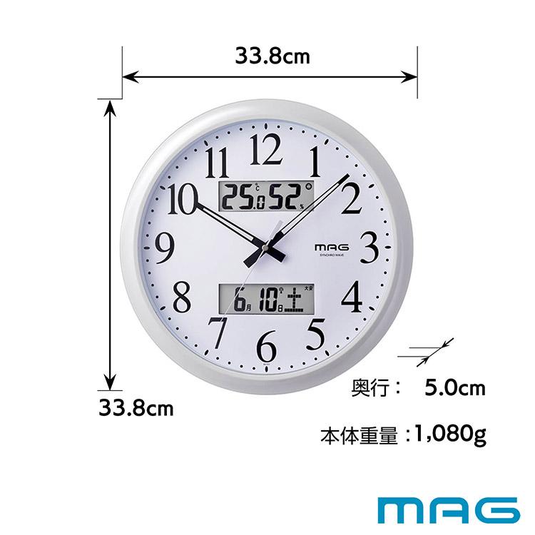ノア精密 ダブルリンク MAG 電波掛け時計 W-711 WH 温湿度計付き 電波