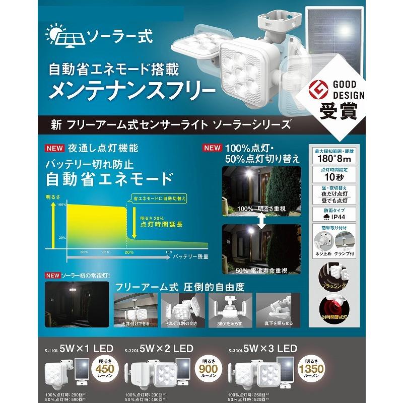 ムサシ RITEX ライテックス フリーアーム式LEDソーラーセンサーライト 5W×3灯 S-330L｜rcmdse｜10