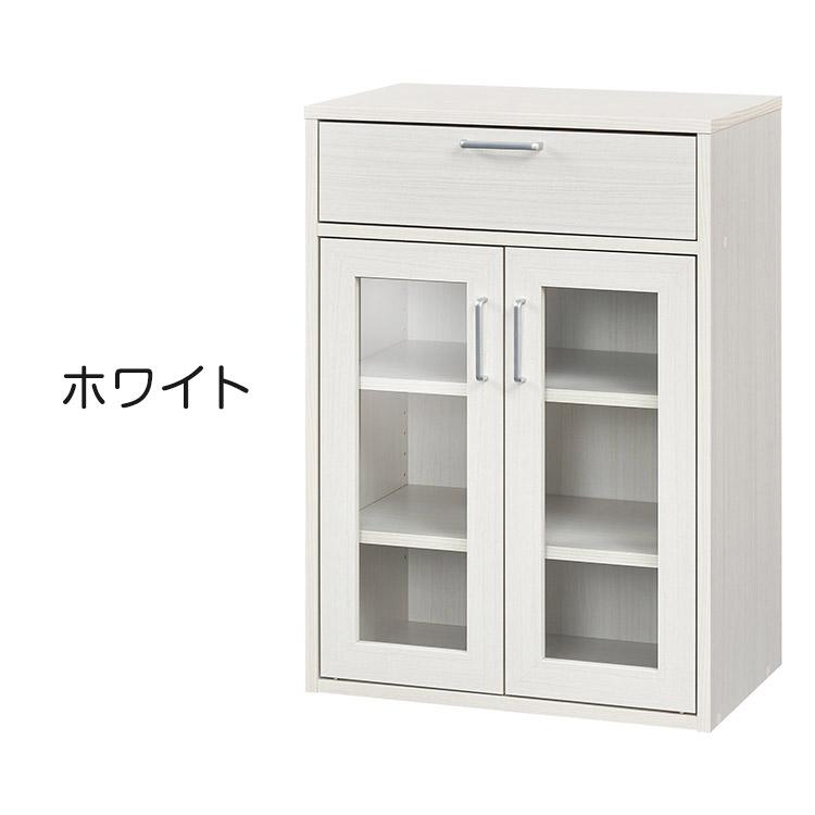 白井産業 食器棚 カップボード キッチン収納 キャビネット 棚 幅57cm 高さ80cm フルニコ ガラス扉付 引出付き リビング キッチン 代引不可の画像