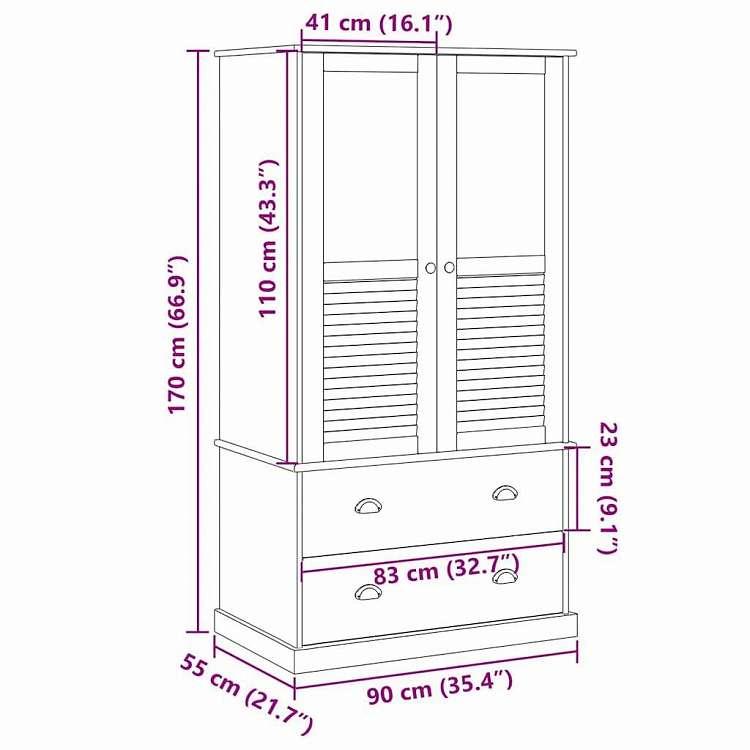 vidaXL ワードローブ VIGO ホワイト 90x55x170 cm 無垢材 パイン材 家具 キャビネット 収納 戸棚・ワードローブ 代引不可の画像