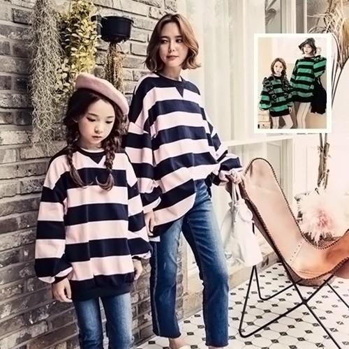 韓国子供服 親子ペアルック スウェット トレーナー ビックシルエット ルーズシルエット カットソー 長袖 キッズ 女の子 綿 ボーダー 普段着 子供服 春 秋 激安店舗