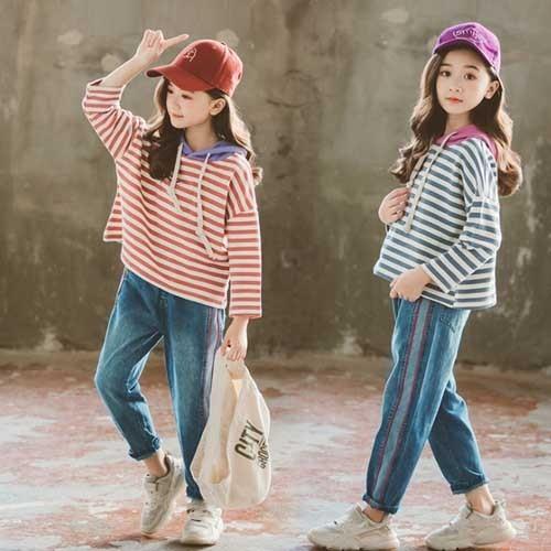2点セット パーカー フーディー トップス デニム パンツ 韓国子供服 キッズ 女の子 綿 カジュアル 普段着 春 秋 ボーダー Ropa De Ninos ロパデニノス 当店限定販売