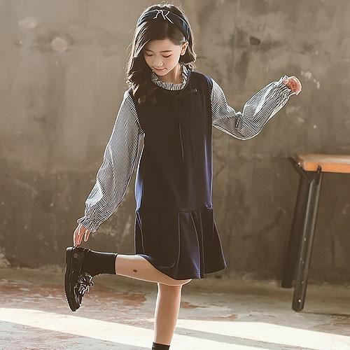 長袖ワンピース ひざ丈 子供服 キッズ 女の子 無地 ストライプ シンプル ボウタイ 綿 カジュアル 普段着 韓国子供服 春 秋 Ropa De Ninos ロパデニノス 激安超安値